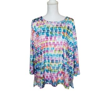 Alfred Dunner 2X Top Rainbow Watercolor Print 3/4 Sleeve office career Dopamine